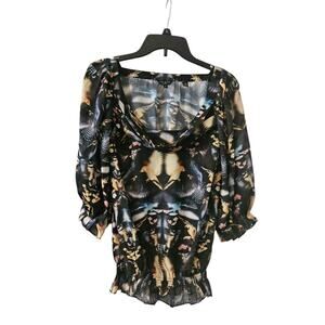 Ted Baker London Womens 2/US SIZE 6 Blouse Bird Chiffon Print Semi Sheer Pleated